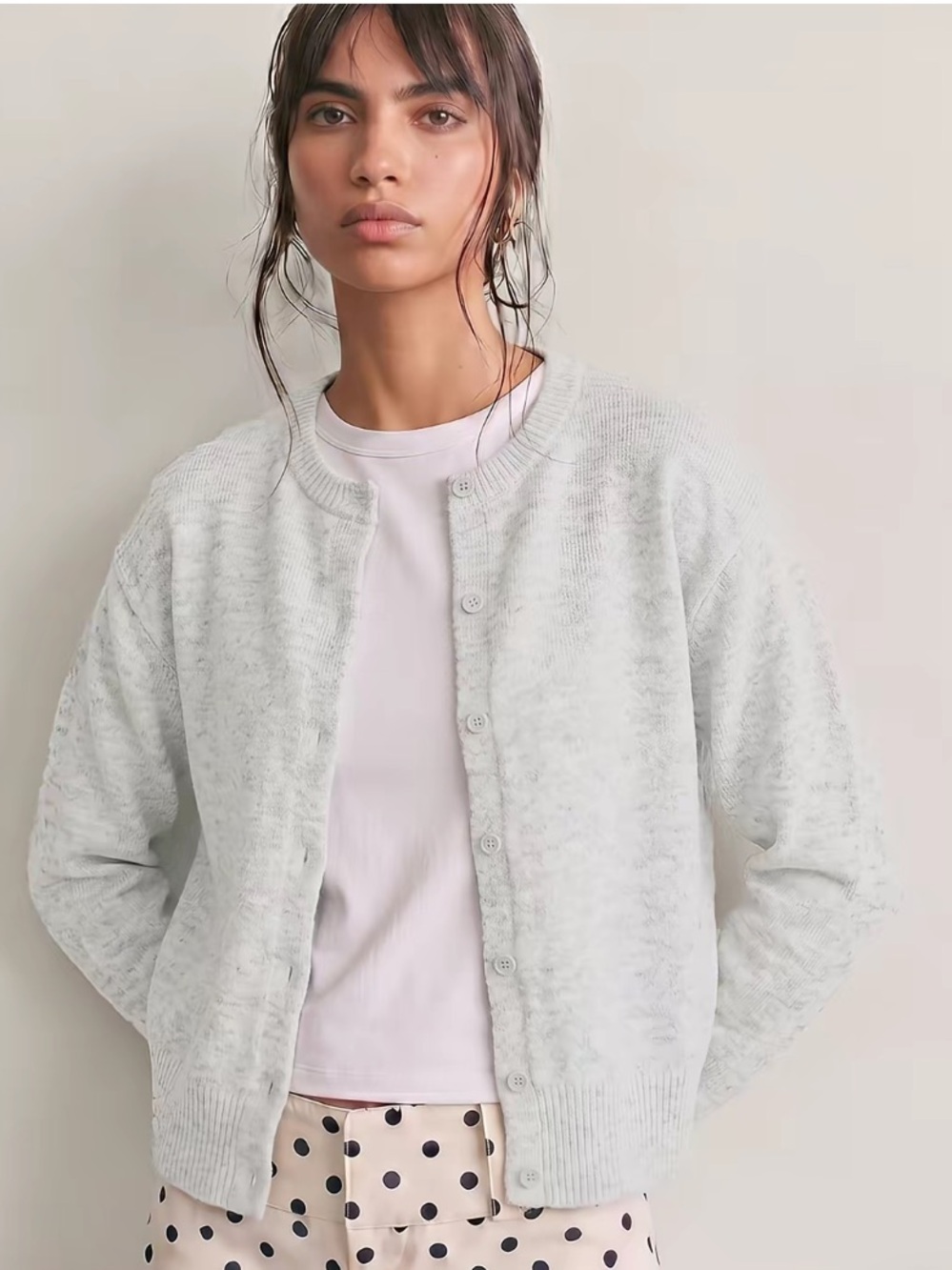 Automet Women's Cropped Cotton Knit Cardigan - Light Gray M